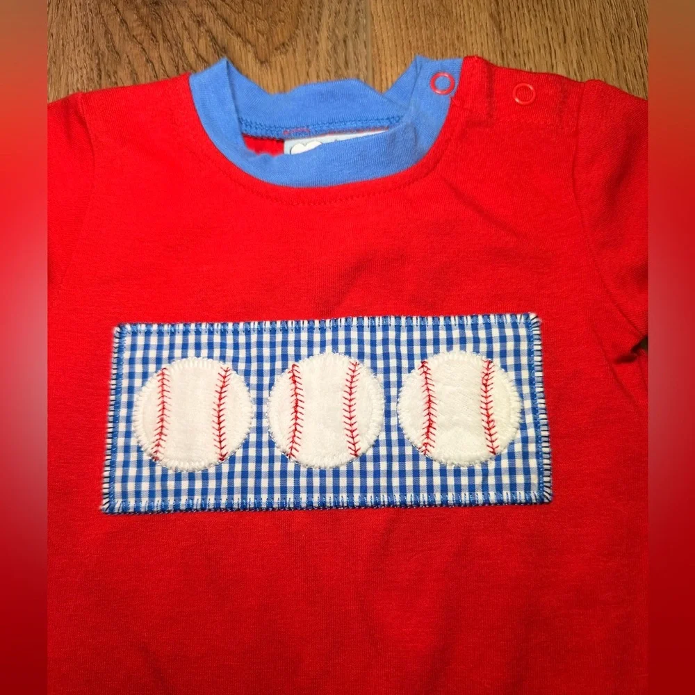 Three Sisters Baseball Romper 3M Red Blue Applique Baby Boy Snap One Piece Sport